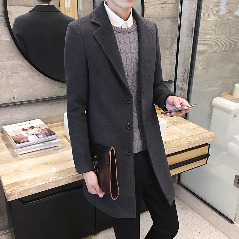 Slim-Fit Woolen Trench Coat for Men