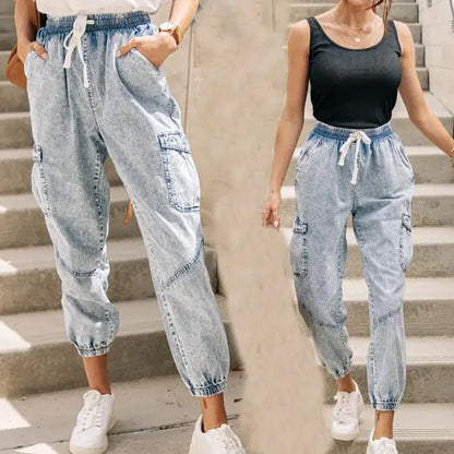 Slim-Fit Women's Washed Lace-up Jeans Trousers