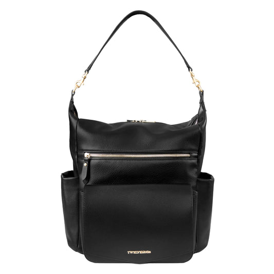 TWELVElittle Peek A Boo Convertible Hobo Diaperbag Backpack with Changing Pad Wipes Case and Stroller Clips Vegan Leather- Black