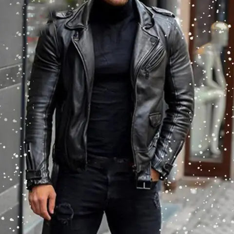 Men's Zip-Up Short Leather Jacket with Lapel