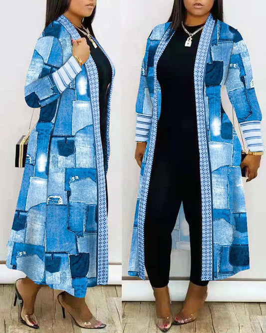 Women's Fashion Printed Long Sleeve Splicing Coat